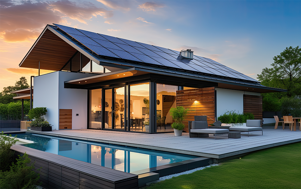 Pięknie oświetlony dom nad basenem w Koszalinie