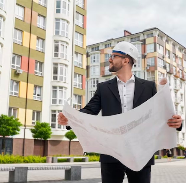 Zdjęcie inwestora na koszlińskim osiedlu, przygląda się dobrze wykonanej instalacji elektrycznej na podstawie planu